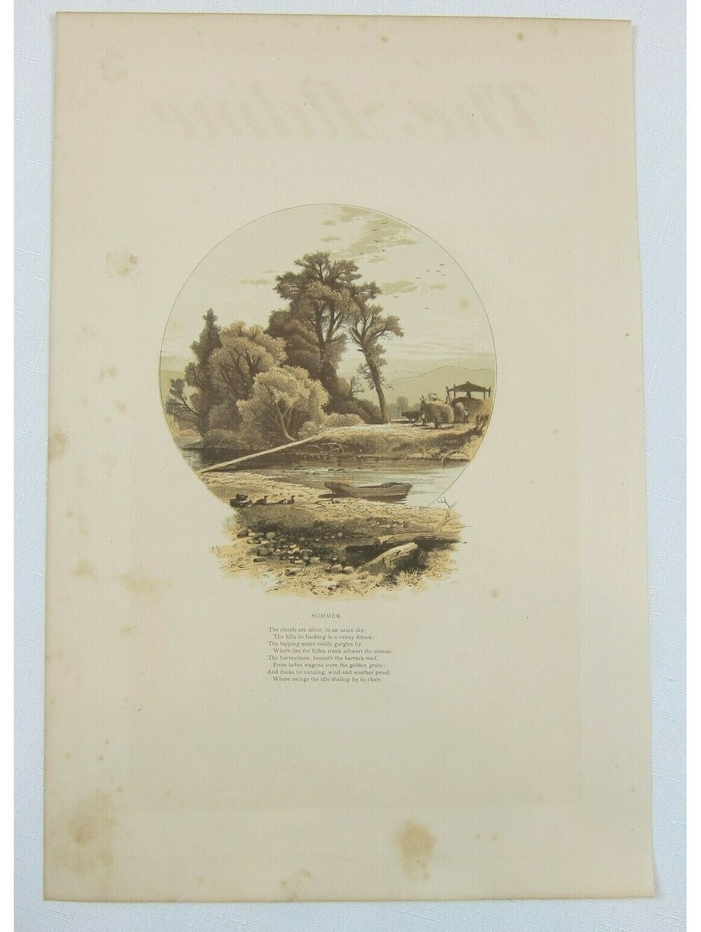 Antique 1870s Engraving Print The Aldine Summer Farm Grain Harvest Stream & Poem